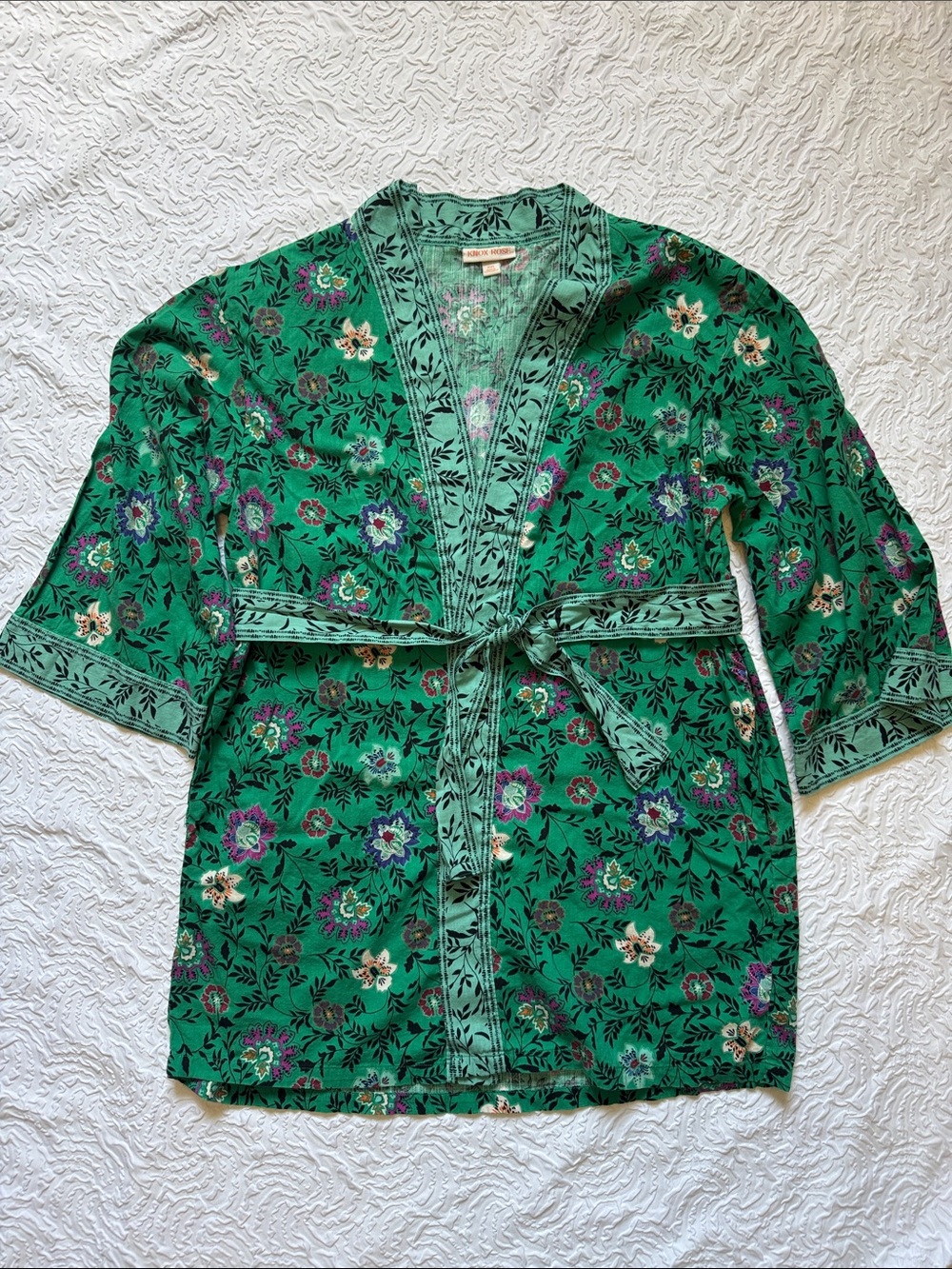 Green Floral Kimono Cardigan with Tie Belt